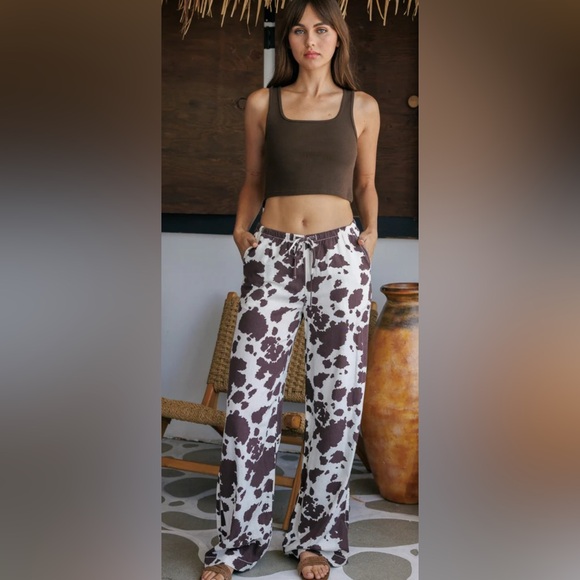 Cali 1850 Printed Linen Pull On Wide Leg Pants - Cow - Picture 1 of 8